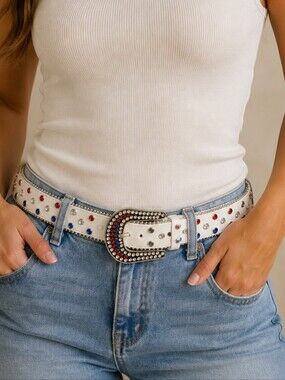 Twig & Arrow Women's White Rhinestone Studded Belt with Red & Blue Accents - NWT